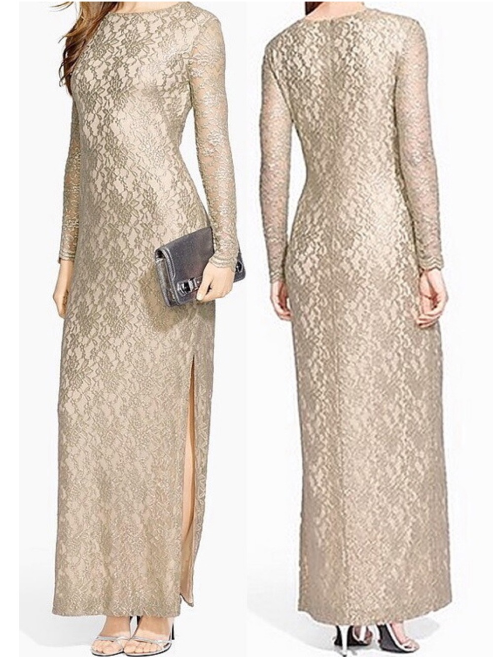 Lauren Ralph Lauren Evening Metallic Lace Dress Champagne Mother Bride Wedding 8